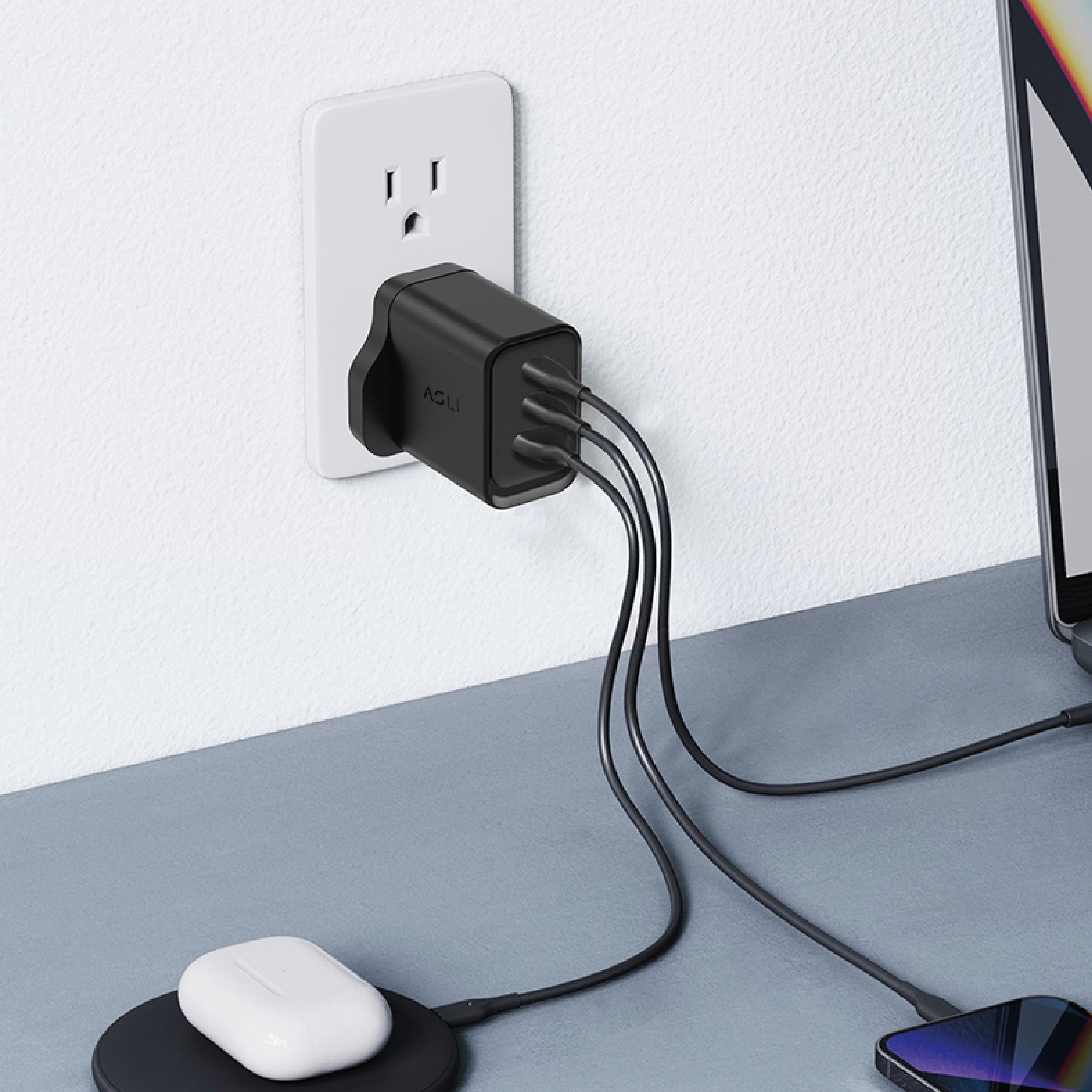 شاحن حائط فائق السرعة من أسلي جلوبال بقوة 65 واط بثلاث منافذ USB بتقنية GaN , PD | أسود شاحن حائط فائق السرعة من أسلي جلوبال بقوة 65 واط بثلاث منافذ USB بتقنية GaN , PD | أسود
